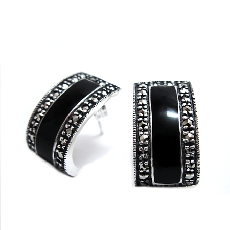 Black Enamel Rectangle Earrings with Marcasite - Click Image to Close
